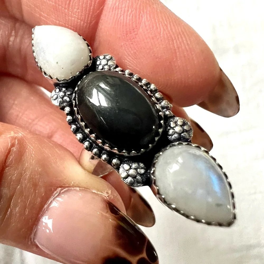 925 Peace + Protection Rainbow Flash Moonstone + Obsidian Ring Sz 8.25